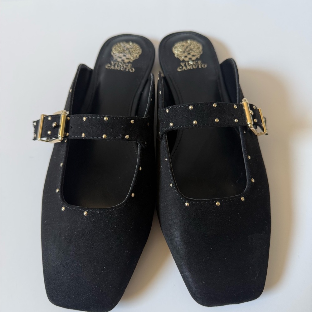 Vince Camuto Black Studded Buckle Mules NWOT